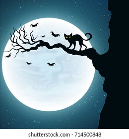 Background for Halloween. Black cat on the tree. Bats fly against the background of the full moon. Vector illustration