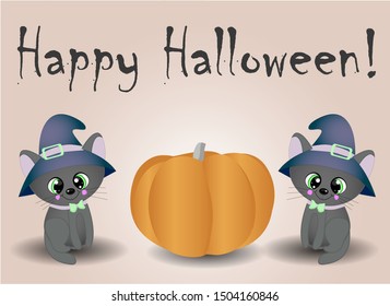 background for halloween. black cat, and pumpkin. beige background. happy halloween