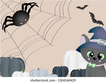 background for halloween. black cat, spider web and spider. beige background. happy halloween