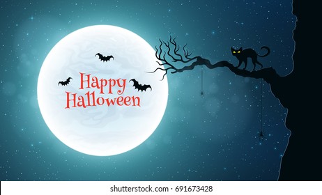 Background for Halloween. Black cat walks through the tree. Bats fly against the background of the full moon. Bloody red text. Vector illustration