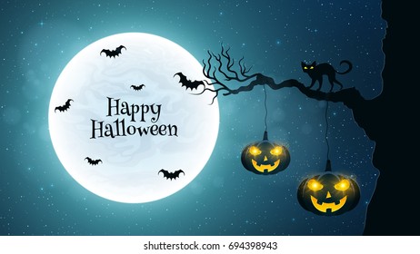 Background for Halloween. Black cat walks through the tree. Bats fly against the background of the full moon. Halloween pumpkins with glowing eyes. Black text. Vector illustration