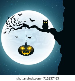 Background for Halloween. Black owl on the tree. Pumpkin with glowing yellow eyes. Bats fly against the background of the full moon. Vector illustration