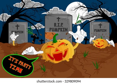 background halloween cartoon resurrect pumpkin at graveyard for celebration of halloween. vector illustration.