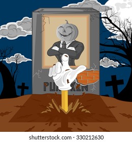 background halloween cartoon resurrect pumpkin. hand emerging from the graveyard. for celebration of halloween. vector illustration.