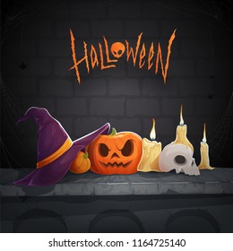 Background for Halloween with a carved pumpkin, sinister skull, candles and witches hat with spider webs. Vector illustration