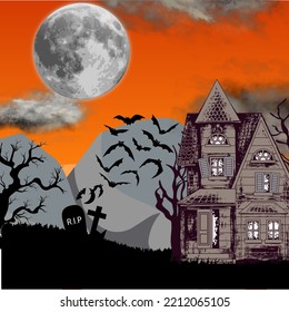 Background Halloween castle under moon light