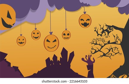 Background for Halloween celebration October 31st, with semi cut paper style and color palette identical to Halloween.Perfect for all kinds of designs for Halloween needs, Halloween banners,and other