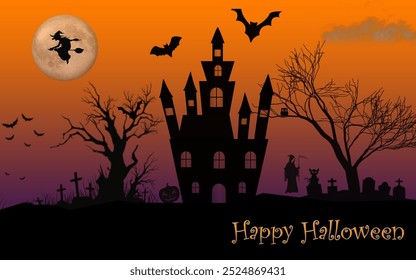 Background for Halloween Celebrations, halloween art design in orange background with bat,moon and black trees, witch, black cat 