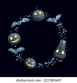 Background for Halloween with elements arranged in a circle: pumpkins, bats, crossbones and leaves. Pumpkin lanterns are gray with yellow eyes. Happy Halloween. Mockup for your text