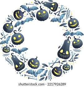 Background for Halloween with elements arranged in a circle: pumpkins, bats, crossbones and leaves. Pumpkin lanterns are gray with yellow eyes. Happy Halloween. Mockup for your text