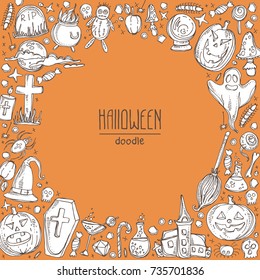 Background with Halloween elements and symbols. Hand drawn vector doodles illustration