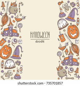 Background with Halloween elements and symbols. Hand drawn vector doodles illustration