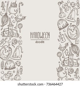 Background with Halloween elements and symbols. Hand drawn vector doodles illustration