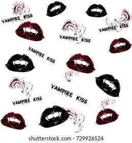 Background to Halloween with fangs, lips, vampire kiss in retro style.