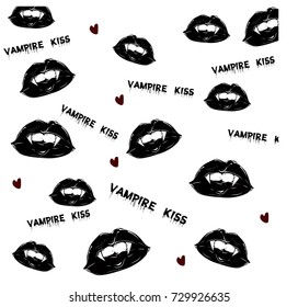 Background to Halloween with fangs, lips, vampire kiss in retro style.