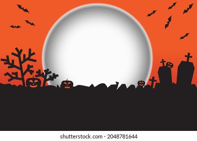 Background for Halloween with fullmoon, haunted house, pumpkins and bats.