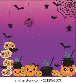 Background for Halloween with gradient pink and purple. Cute pumpkins, bats, spiders and Halloween Elements. Halloween websites, Halloween templates backgrounds or banners, wallpapers and more.
