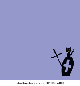 Background for Halloween. Grave in a cemetery, tombstone with a smiling black cat sitting on it. Vector decorative element in cartoon flat style, black silhouette isolated