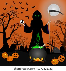 Background for the Halloween holiday, death in the full moon brews a potion, bats, pumpkins and a cemetery with trees.Vector illustration.