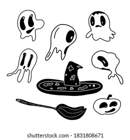 Background of Halloween icons with with ghosts, a witch s broom and a hat. Template for packaging, cards, posters, menu. Vector stock illustration.