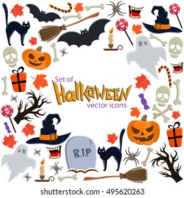 Background of Halloween icons with round frame. Template for packaging, cards, posters, menu. Vector stock illustration.