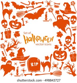 Background of Halloween icons with round frame. Template for packaging, cards, posters, menu. Vector stock illustration.