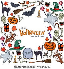 Background of Halloween icons with round frame. Template for packaging, cards, posters, menu. Vector stock illustration.