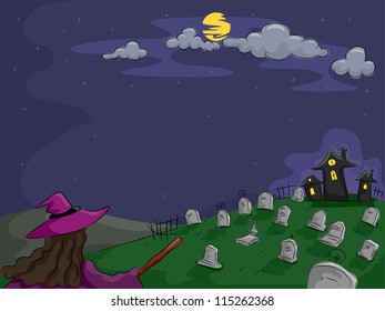 Background Halloween Illustration Featuring a Witch in a Cemetery