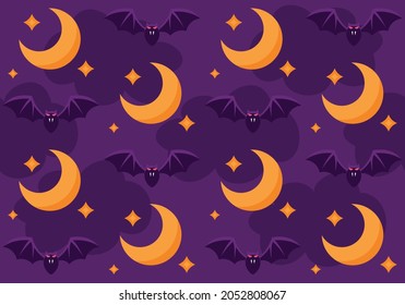 background for halloween with moon and bat. All Saints' Day. purple seamless pattern for gift paper and decorations.
