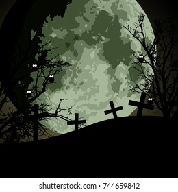 Background for Halloween with a moon, an owl and a cemetery, vector illustration