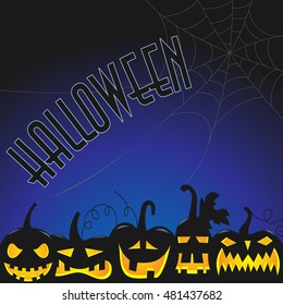 Background for Halloween party, dark silhouettes of pumpkins with glowing eyes on a blue background with web