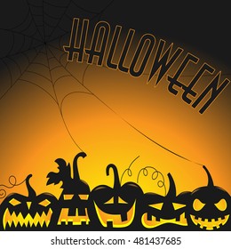 Background for Halloween party, dark silhouettes of pumpkins with glowing eyes on orange background with spider webs