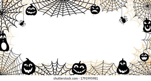 background for halloween with place for text in the center. black vector backdrop isolated on white background. pumpkin lanterns and spider webs around the edges of illustration