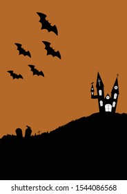 Background for Halloween poster. The poster features Bats, graves and a haunted house. The poster has orange, black and white coloring.