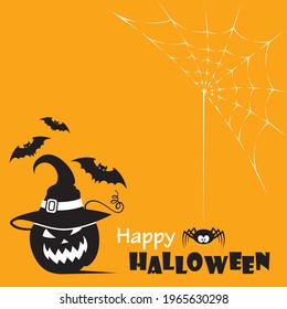 background with halloween pumpkin, spider and flying bats isolated on orange background