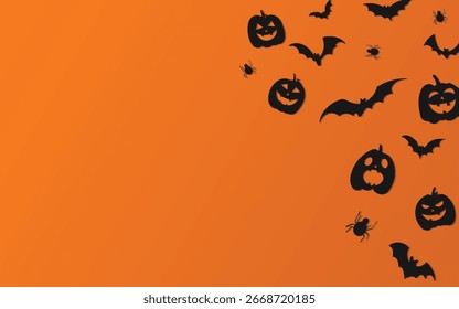 Background Halloween with Scary Elements Pumpkins, Spiders, Bats.Halloween Orange Background