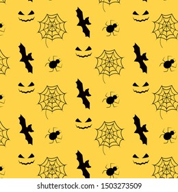 Background for Halloween. Scary face, spider, cobweb, bat on a yellow background. Flat illustration. Design for Halloween, Posters and Invitations.  Cartoon design. 