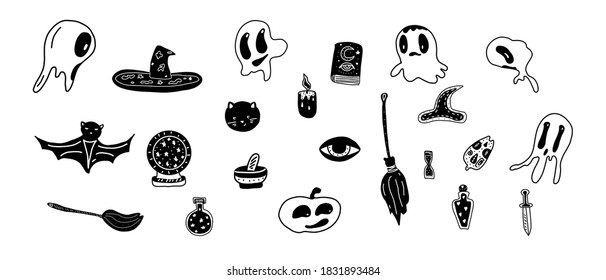 Background of Halloween set icons with with ghosts, a witch s broom and a hat. Template for packaging, cards, posters, menu. Vector stock illustration.