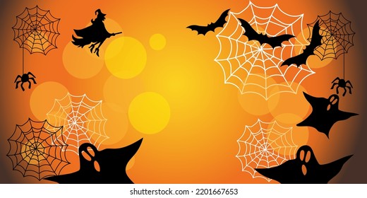 Background Halloween Fancy Elements Spider Web, Ghosts, Witch, Bats. Halloween Elements on Orange Black Background. Website Spooky, Background or Banner 