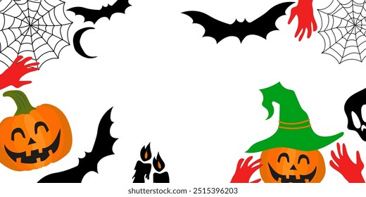 Background Halloween with Fancy Elements Spider Web, Pumpkin, Candles, Bats, Hand with Blood, Witch Hat, Skull. Halloween Elements on white Background. Website Spooky, Background or Banner 