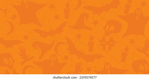 Background Halloween With Fancy Elements Spider Web, Candles, Bats, Hand With Blood, Witch Hat, Skull With Bone.Halloween Elements On Orange Background. Website Spooky, Background Or Banner 