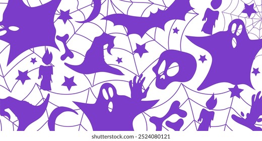 Hintergrund Halloween mit Fantasieelementen Spinnennetz, Kerzen, Fledermäuse, Hand mit Blut, Hexenhut, Schädel mit Knochen. Halloween. Website Spooky, Hintergrund oder Banner 