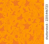 Background Halloween Fancy Elements Spider Web, Skeleton, Candles, Ghost, Hand with Blood, Witch, Hat, Skull with Bone.Halloween Elements on Orange Background. Website Spooky, Background or Banner 