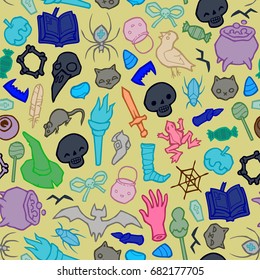 background with Halloween stuff - Pattern for greeting cards, packing, cards, packets, flyers