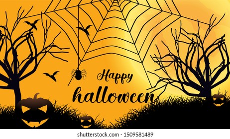 Background of halloween themed: pumpkin, spiderweb,bat