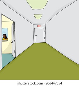 Background of hallway with receptionist window in doorway
