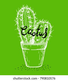 Background with hand drawing of a cactus in a pot, lettering. Prints for T-shirts. Vector illustration.