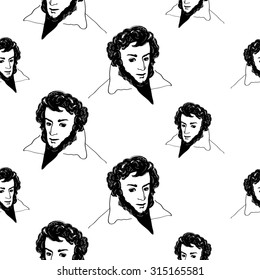 Background with hand drawing inky portraits of the great Russian writer: Pushkin. Vector seamless pattern. Ornament with a literary motif.