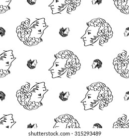 Background with hand drawing inky portraits of the great Russian writers: Pushkin. Vector seamless pattern. Ornament with a literary motif.