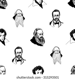 Background with hand drawing inky portraits of the great Russian writers: Chekhov, Dostoevsky, Pushkin, Tolstoy. Vector seamless pattern. Ornament with a literary motif.
